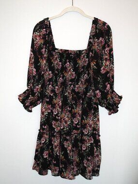 Altar'd State Size Large Desiree Puff Sleeve Black Floral Smocked Mini Dress